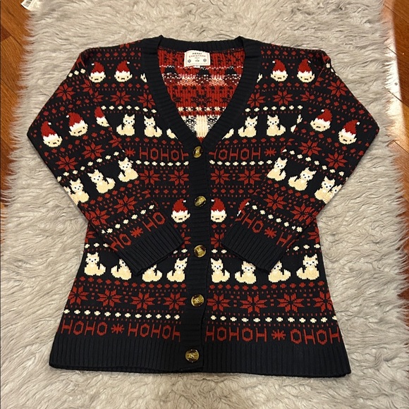 V28 Navy Blue, Red And Tan Women's Holiday Vneck Button Front Cardigan - Picture 1 of 7